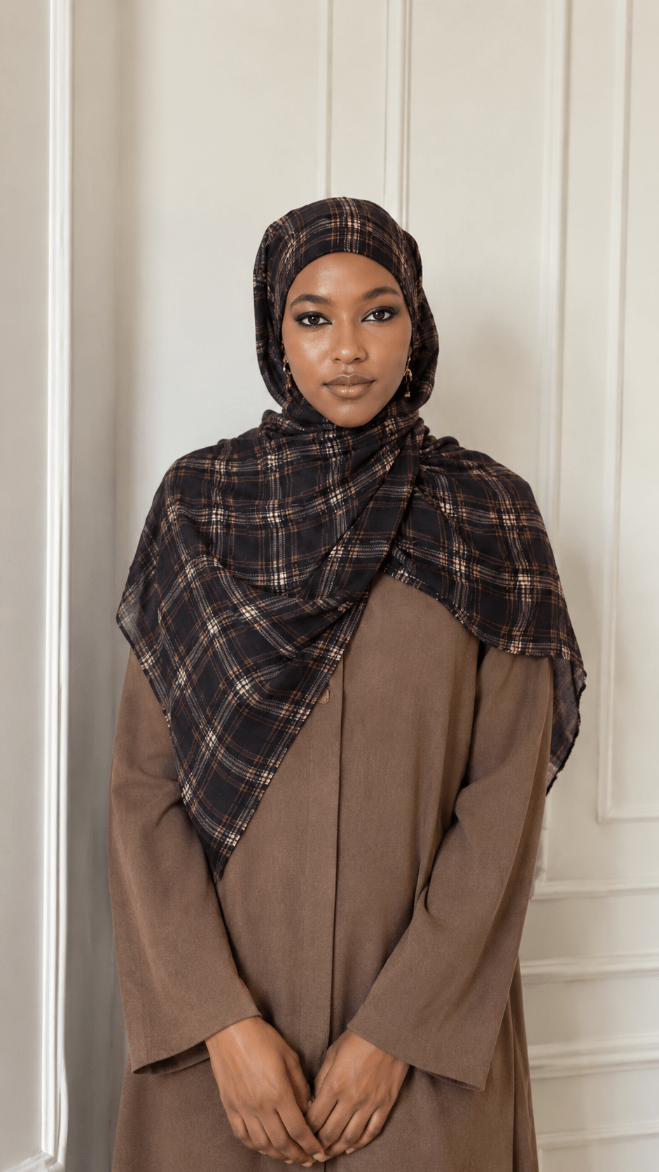 Dark Grey Blue Brown Tartan Plaid hijab shawl - view 2