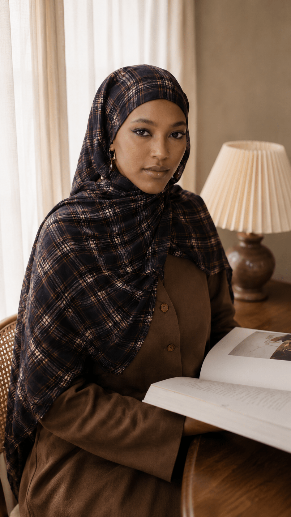 Dark Grey Blue Brown Tartan Plaid hijab shawl - view 6
