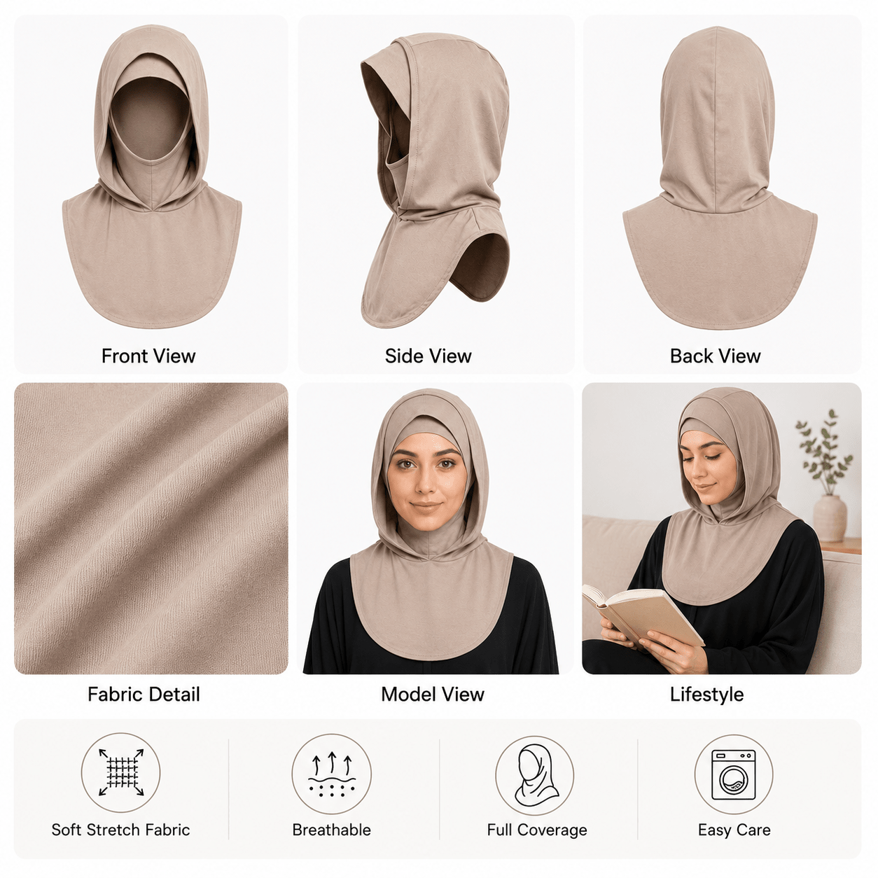 Cocoa Mercerized Cotton Hijab Cap – Full Coverage Under Scarf - product image 7 of 8 | Lunar Elegance