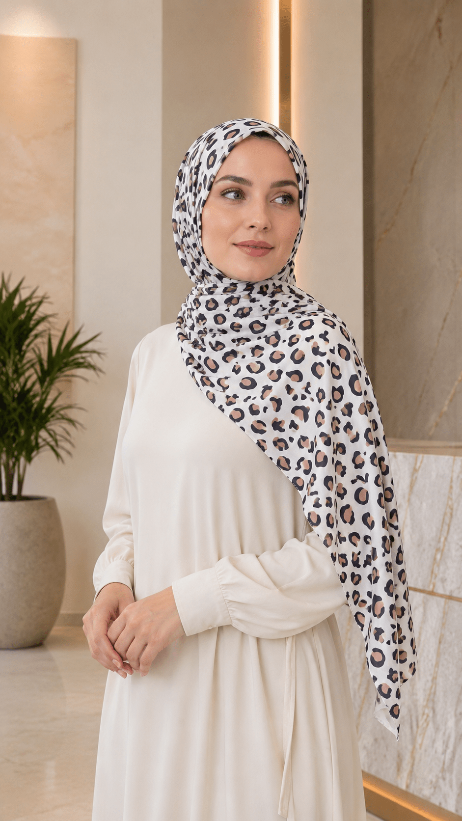Ivory Leopard Print Liquid Jersey Hijab Scarf – Soft Premium Modest Wrap - product image 2 of 7 | Lunar Elegance