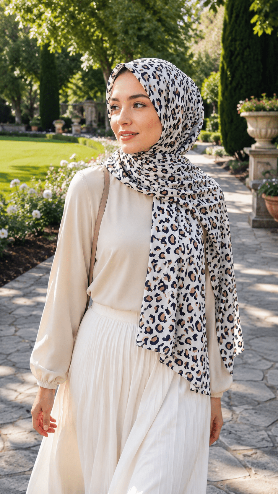 Ivory Leopard Print Liquid Jersey Hijab Scarf – Soft Premium Modest Wrap - product image 5 of 7 | Lunar Elegance