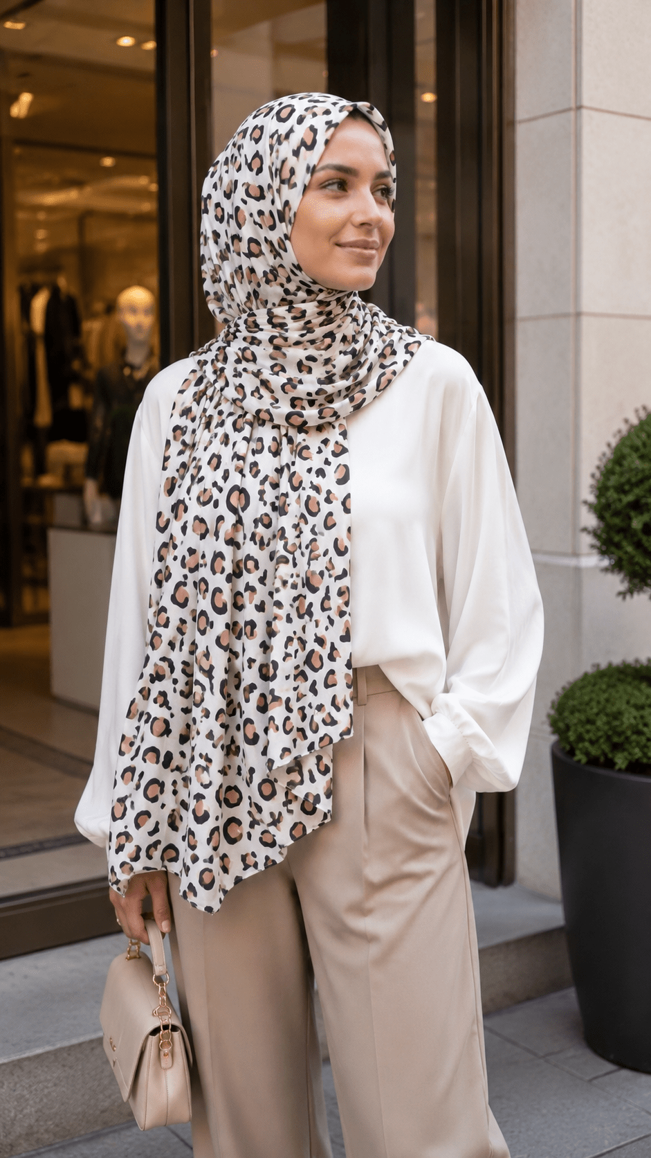 Ivory Leopard Print Liquid Jersey Hijab Scarf – Soft Premium Modest Wrap - product image 7 of 7 | Lunar Elegance