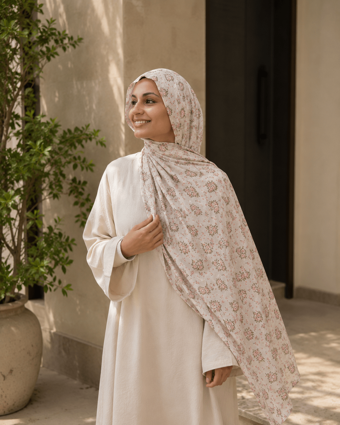 Ivory Rose Floral Mercerized Cotton Hijab | Lunar Elegance