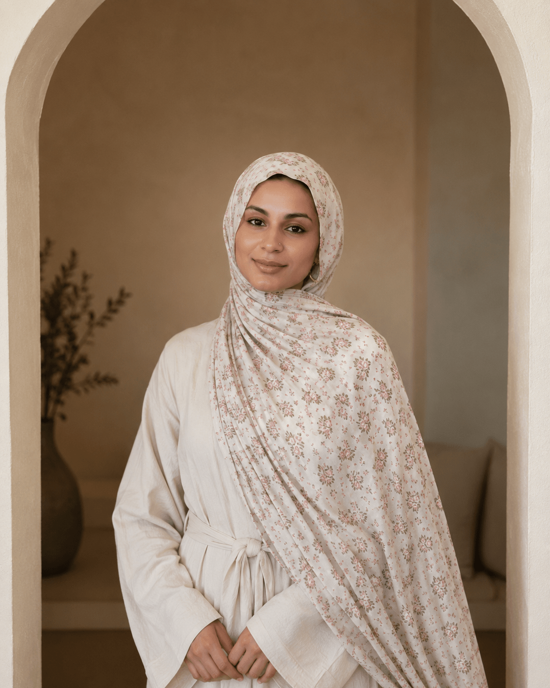Ivory Rose Floral Mercerized Cotton Hijab | Lunar Elegance