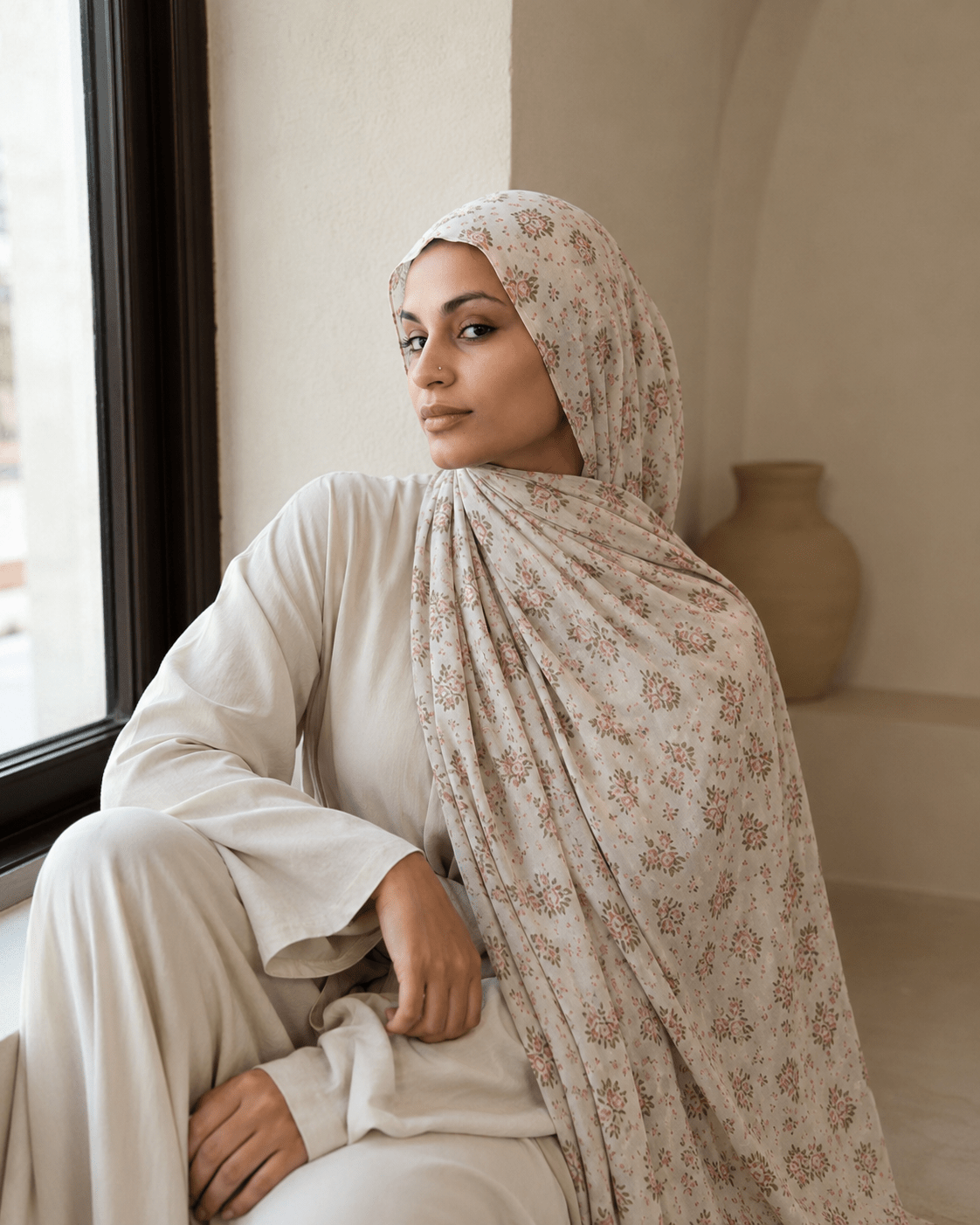 Ivory Rose Floral Mercerized Cotton Hijab | Lunar Elegance