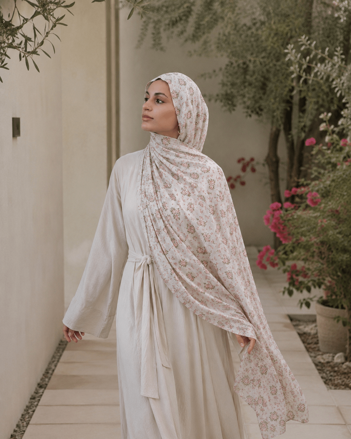 Ivory Rose Floral Mercerized Cotton Hijab | Lunar Elegance