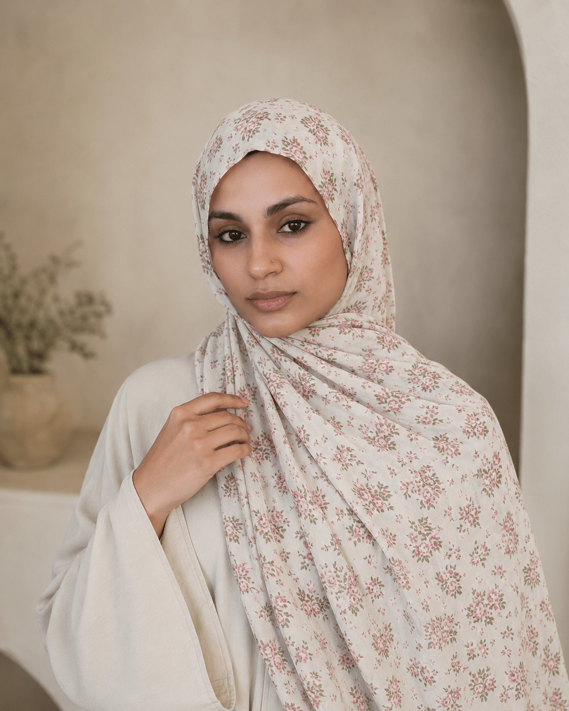Ivory Rose Floral Mercerized Cotton Hijab | Lunar Elegance