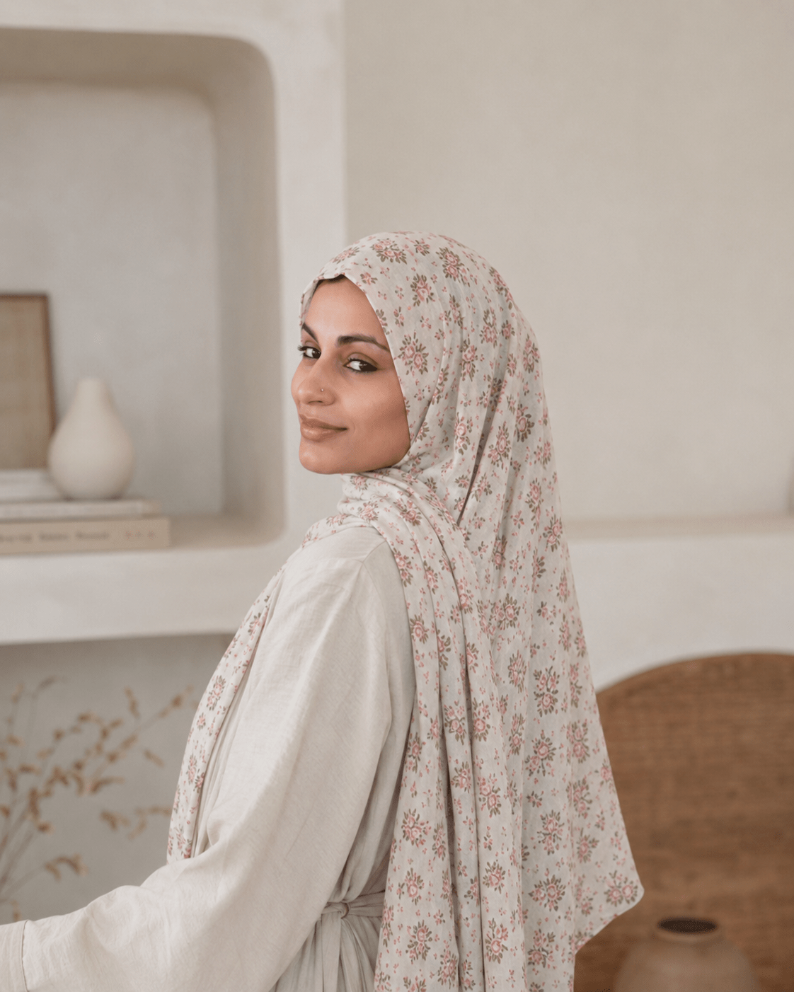 Ivory Rose Floral Mercerized Cotton Hijab | Lunar Elegance