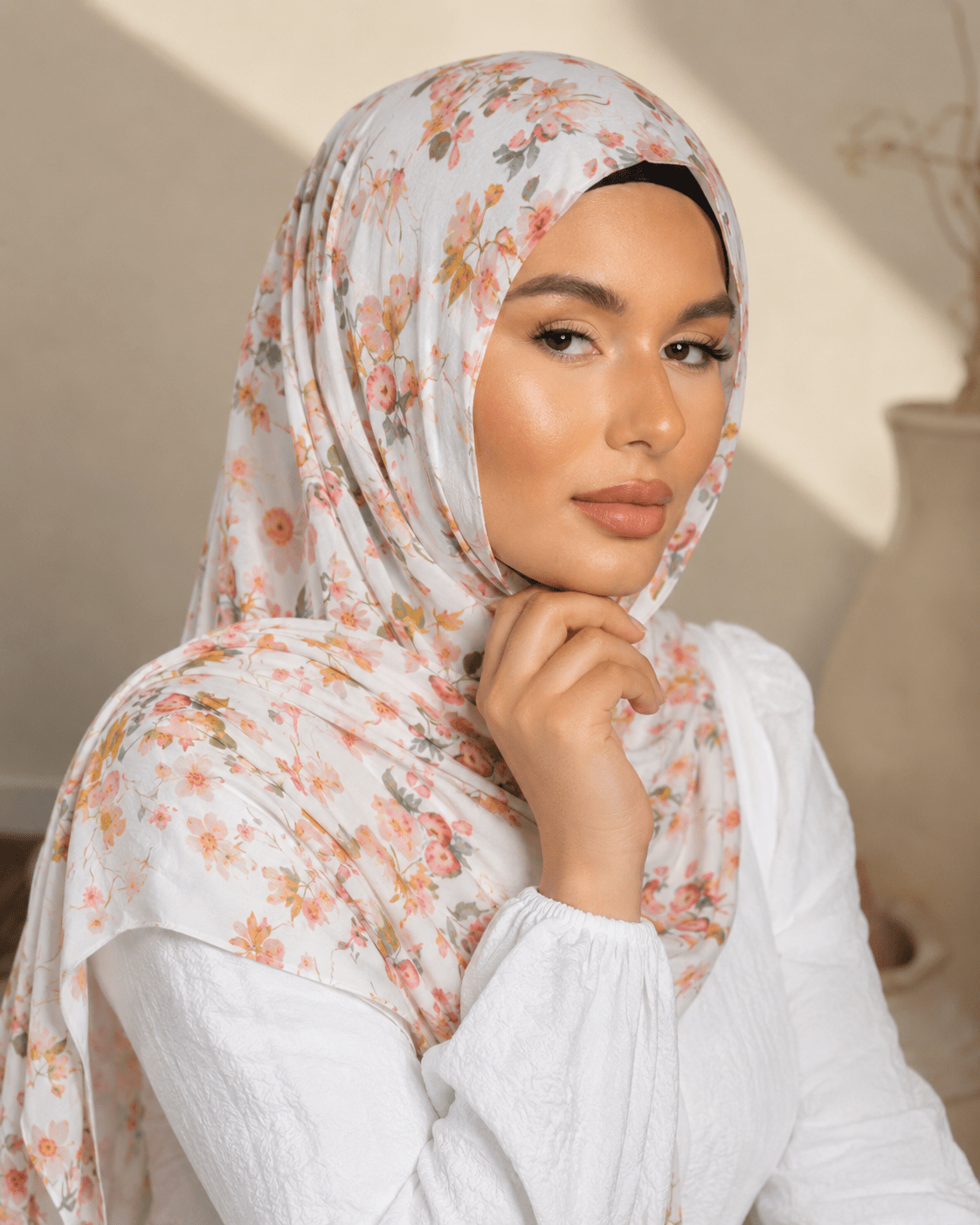 Ivory Wildflower Mercerized Cotton Hijab | Lunar Elegance