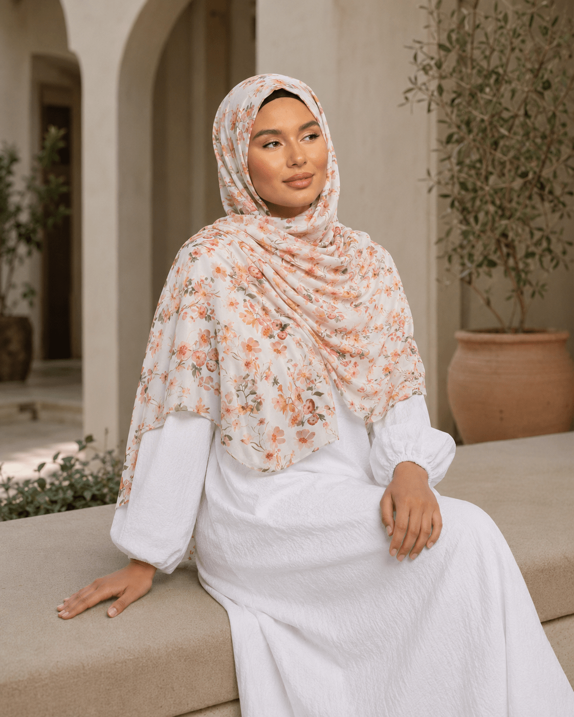Ivory Wildflower Mercerized Cotton Hijab | Lunar Elegance