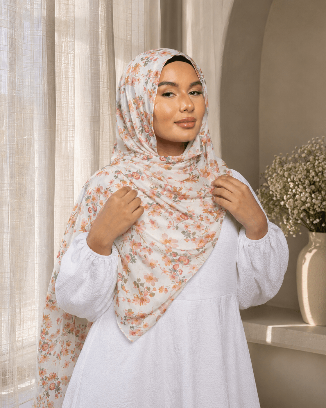 Ivory Wildflower Mercerized Cotton Hijab | Lunar Elegance