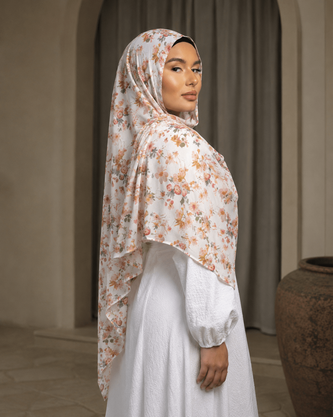 Ivory Wildflower Mercerized Cotton Hijab | Lunar Elegance