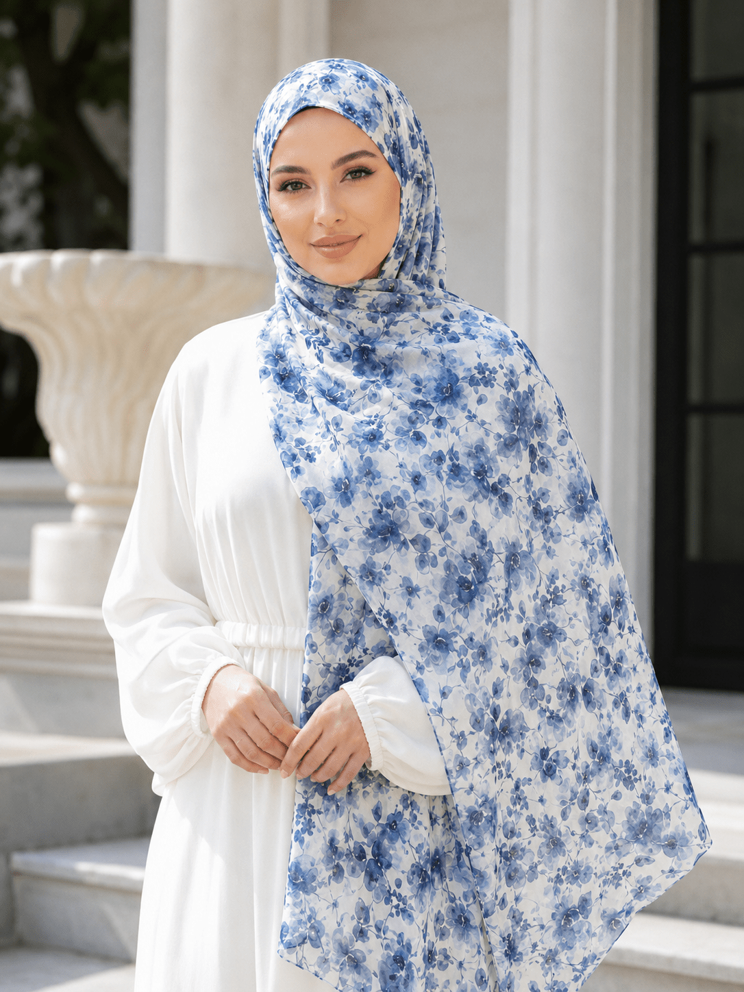 Blue Watercolor Floral Mercerized Cotton Hijab | Lunar Elegance