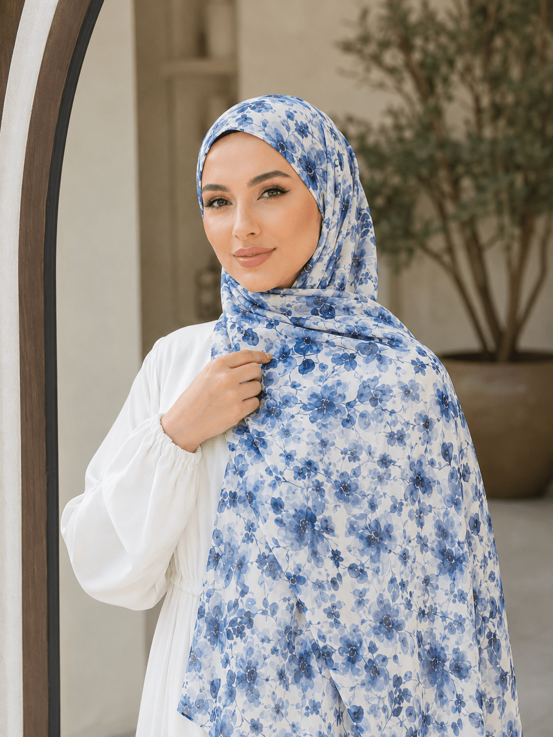 Blue Watercolor Floral Mercerized Cotton Hijab | Lunar Elegance
