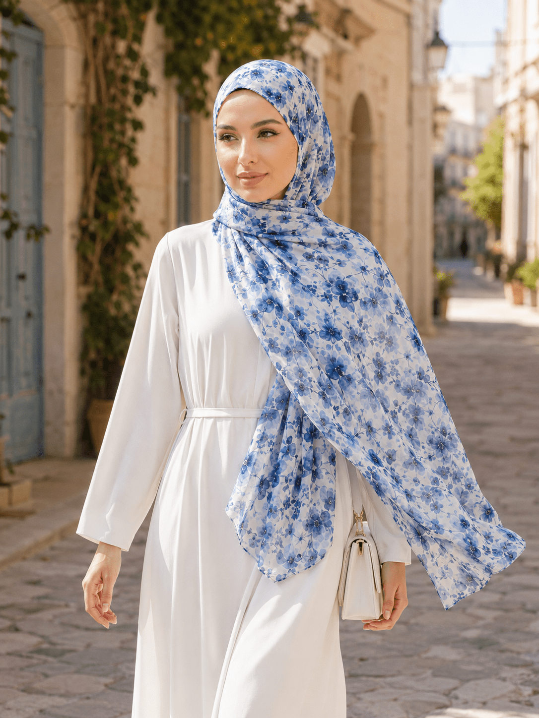 Blue Watercolor Floral Mercerized Cotton Hijab | Lunar Elegance