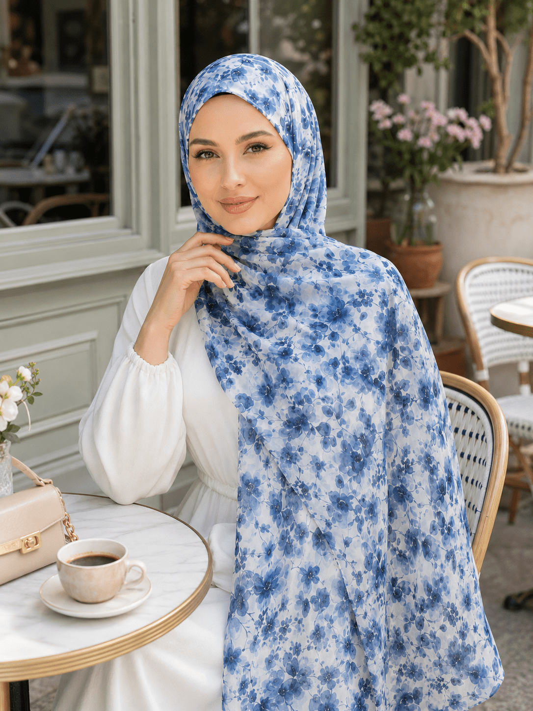 Blue Watercolor Floral Mercerized Cotton Hijab | Lunar Elegance