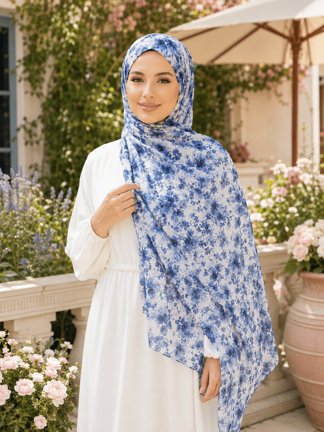 Blue Watercolor Floral Mercerized Cotton Hijab | Lunar Elegance
