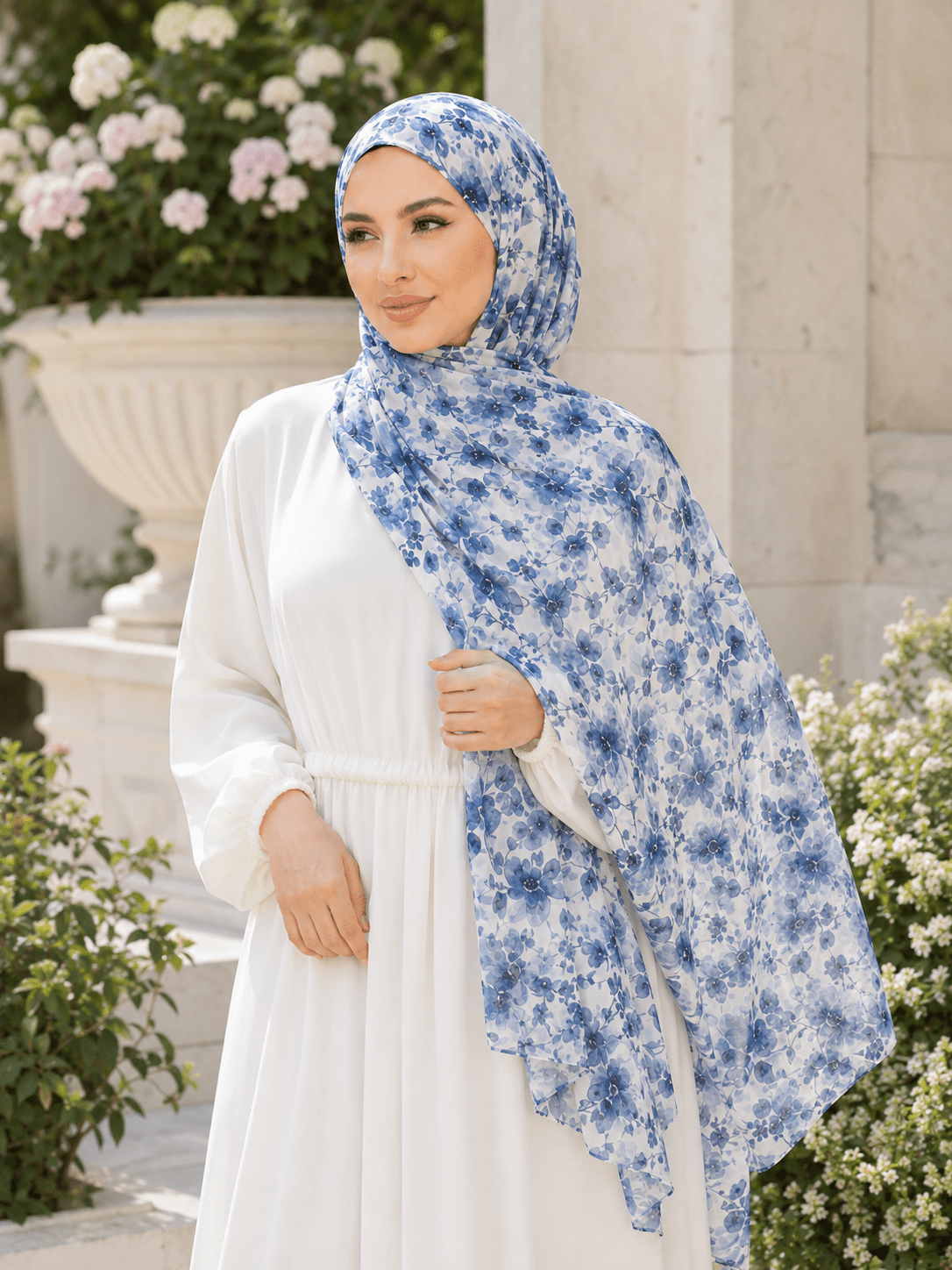 Blue Watercolor Floral Mercerized Cotton Hijab | Lunar Elegance