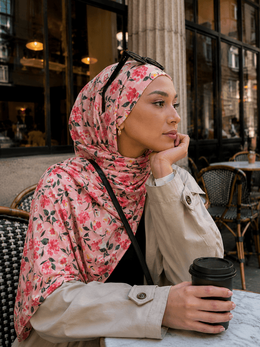 Pink Floral Mercerized Cotton Hijab | Lunar Elegance