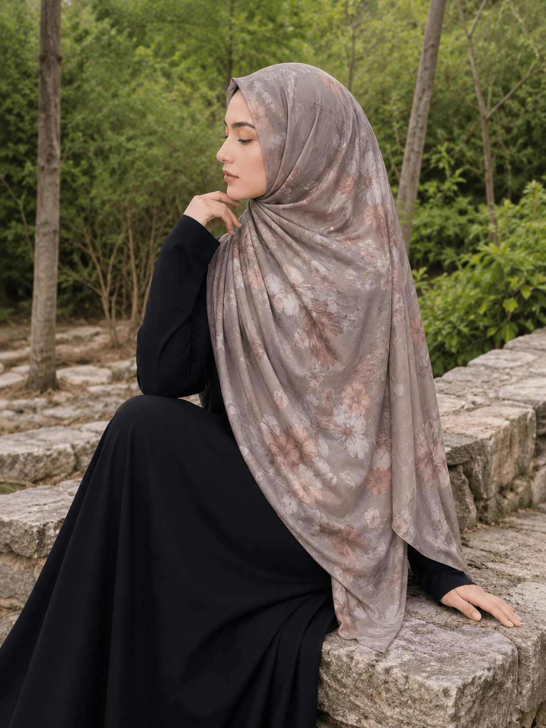 Taupe Marble Mercerized Cotton Hijab | Lunar Elegance