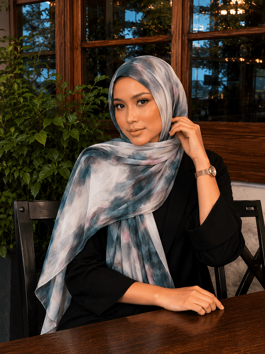 Deep Teal Marble Mercerized Cotton Hijab | Lunar Elegance