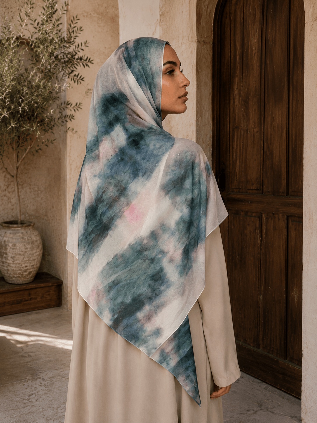 Deep Teal Marble Mercerized Cotton Hijab | Lunar Elegance