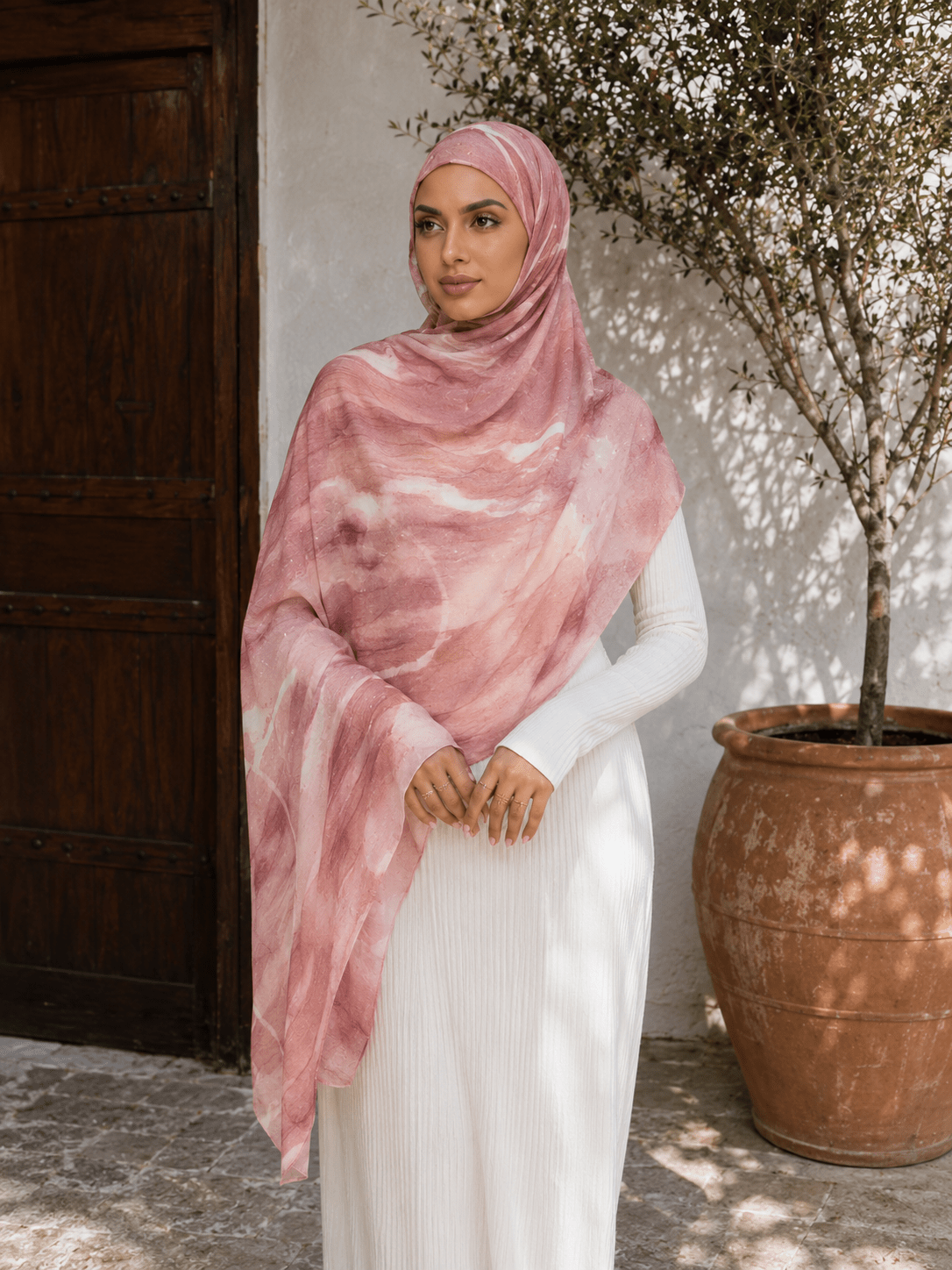 Blush Rose Marble Mercerized Cotton Hijab | Lunar Elegance