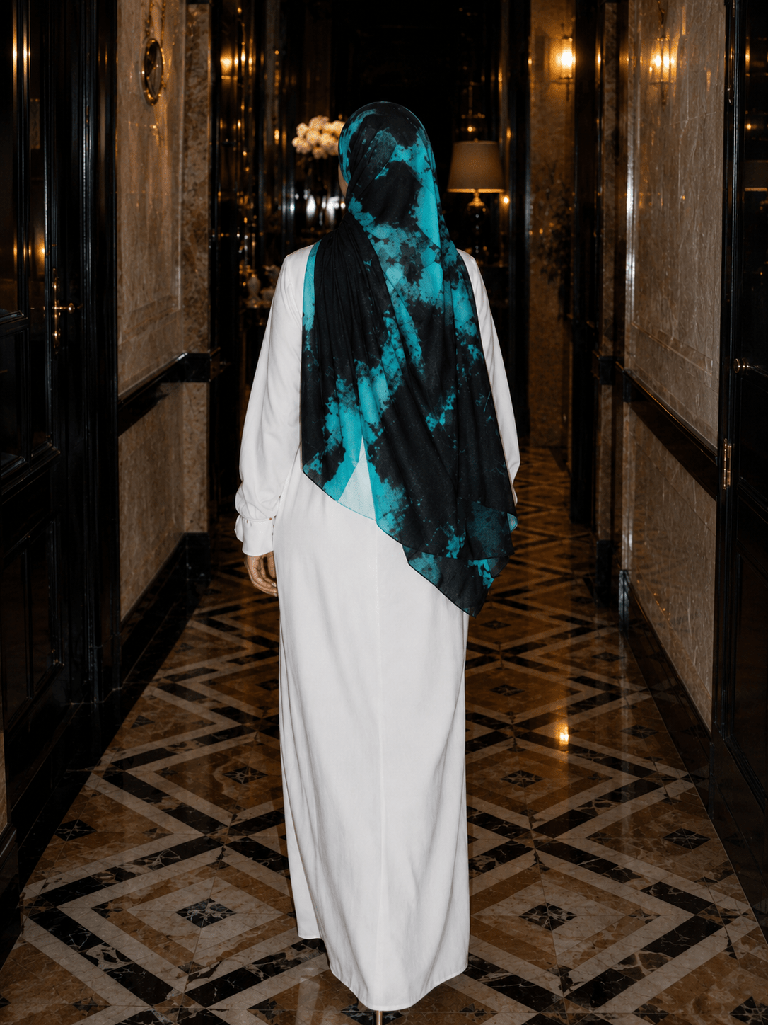 Turquoise Black Marble Mercerized Cotton Hijab | Lunar Elegance