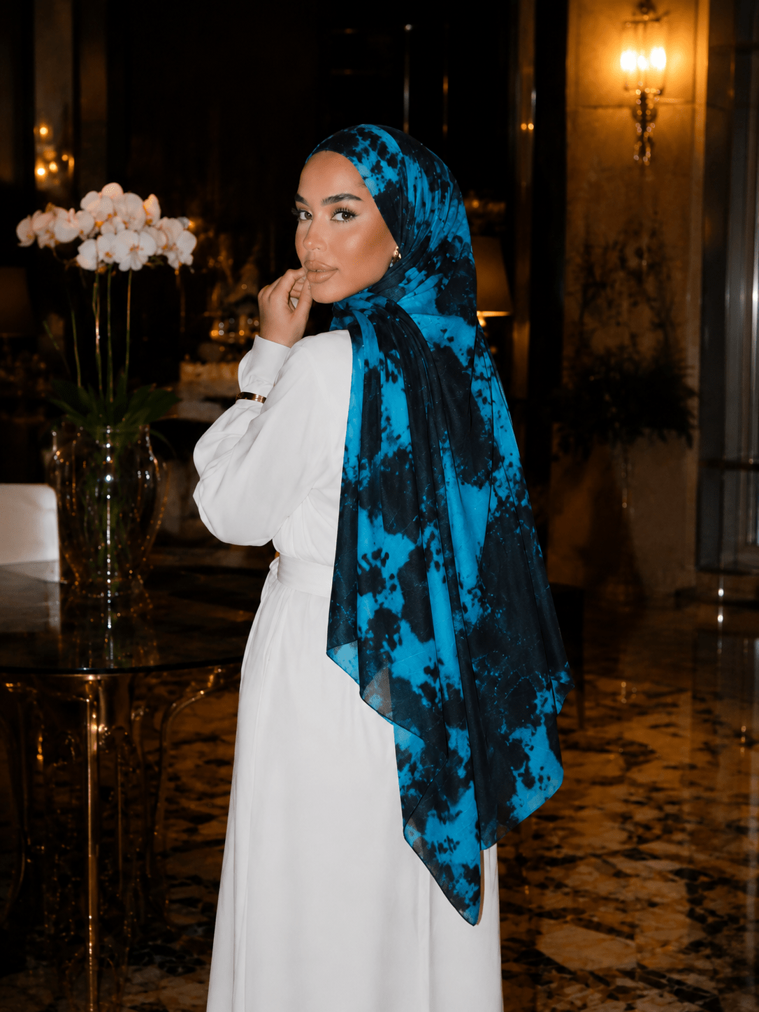 Turquoise Black Marble Mercerized Cotton Hijab | Lunar Elegance