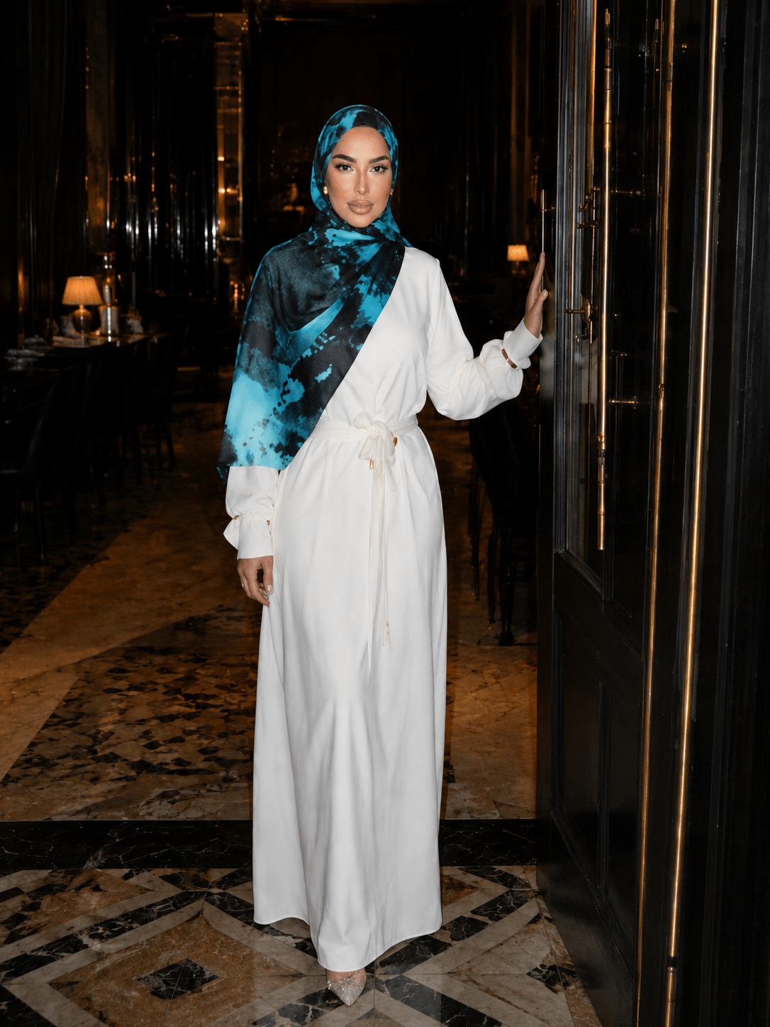 Turquoise Black Marble Mercerized Cotton Hijab | Lunar Elegance