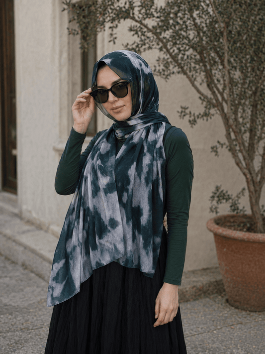 Dark Teal Marble Mercerized Cotton Hijab | Lunar Elegance