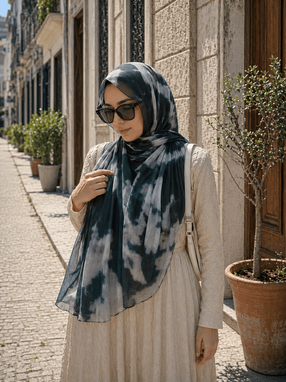 Dark Teal Marble Mercerized Cotton Hijab | Lunar Elegance