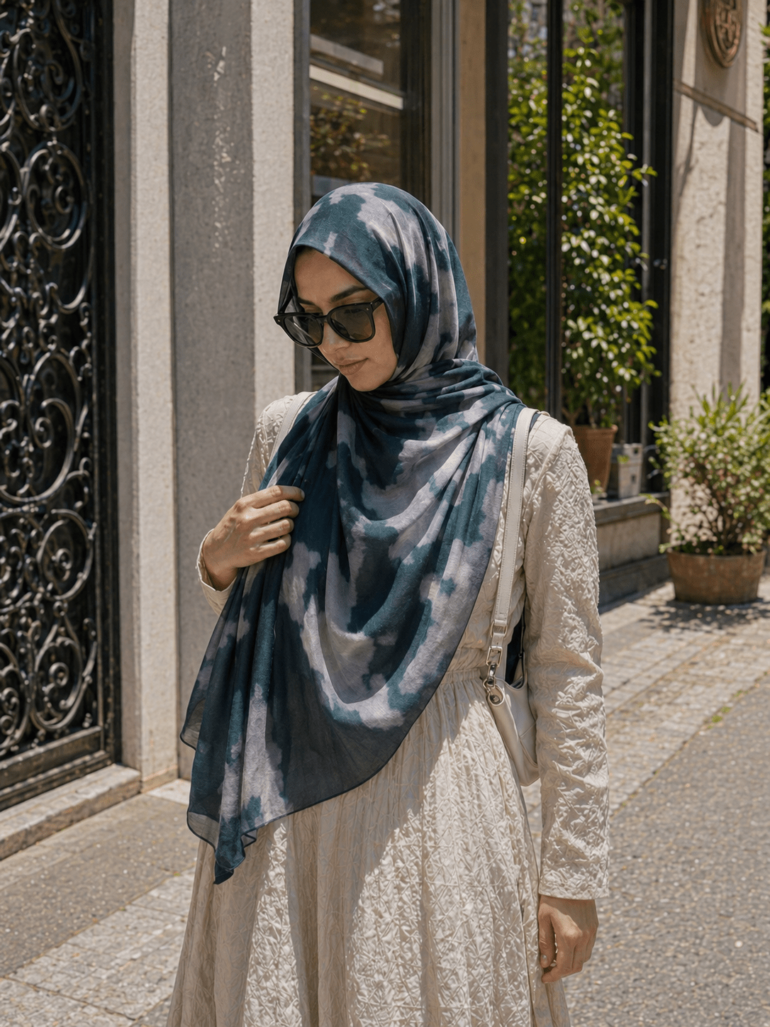 Dark Teal Marble Mercerized Cotton Hijab | Lunar Elegance