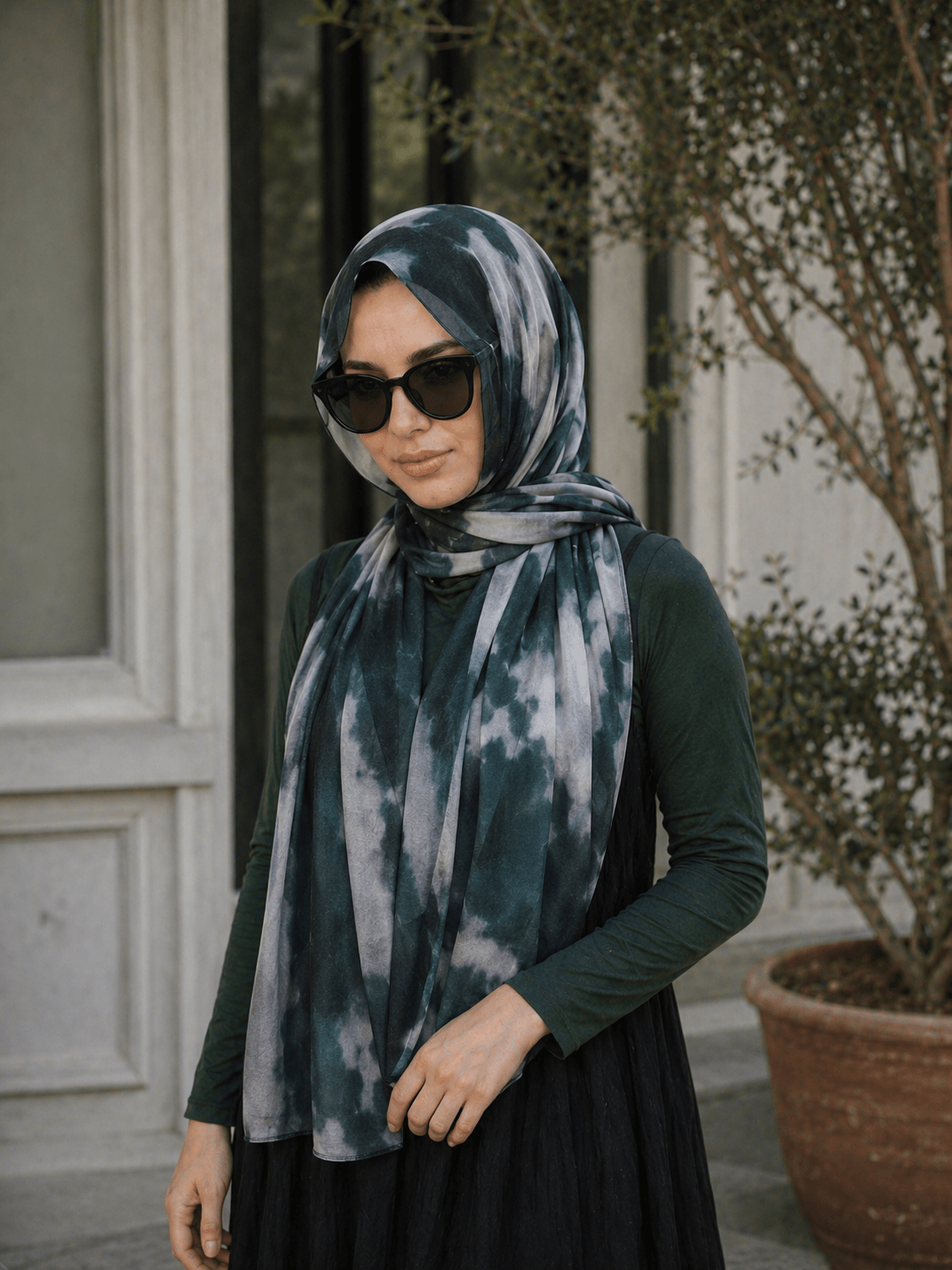 Dark Teal Marble Mercerized Cotton Hijab | Lunar Elegance
