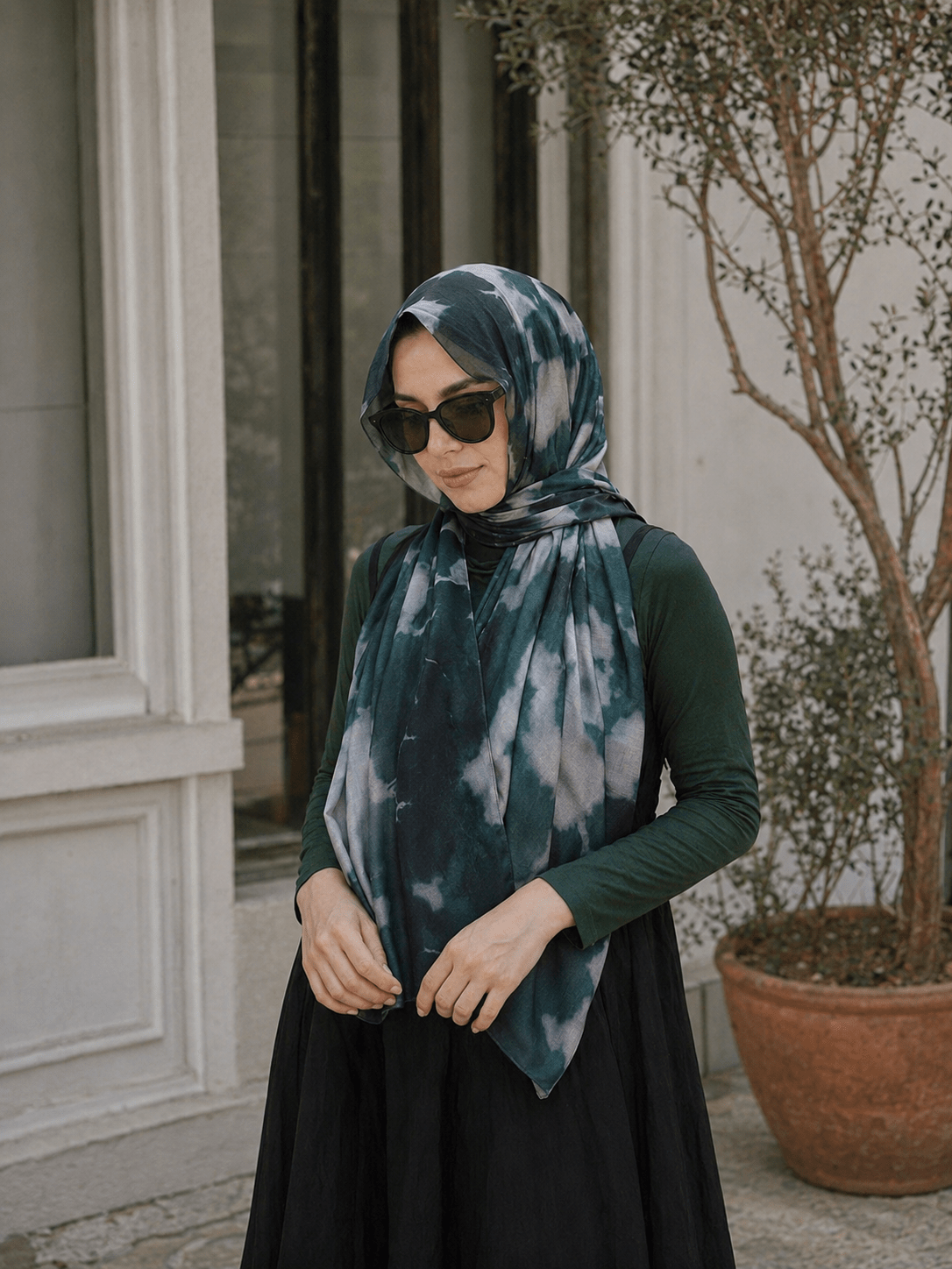 Dark Teal Marble Mercerized Cotton Hijab | Lunar Elegance