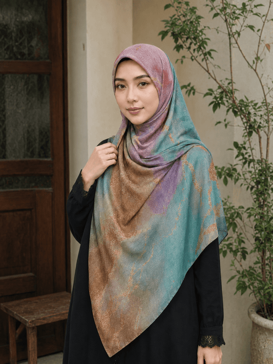 Aqua Rose Marble Mercerized Cotton Hijab | Lunar Elegance