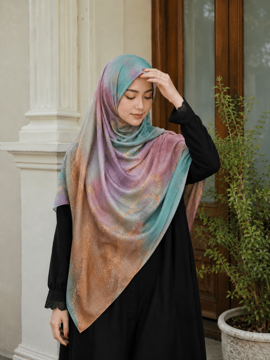 Aqua Rose Marble Mercerized Cotton Hijab | Lunar Elegance