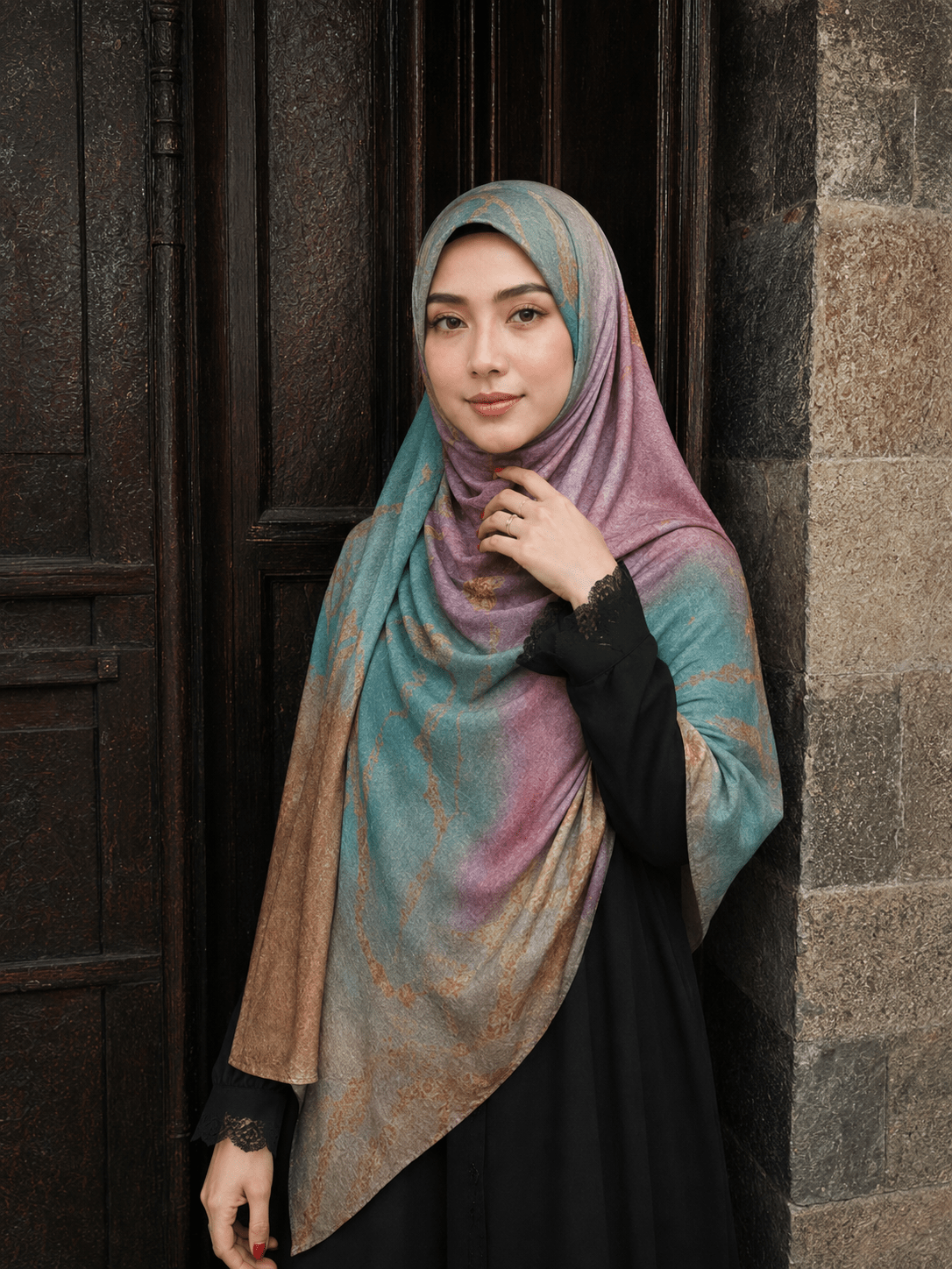 Aqua Rose Marble Mercerized Cotton Hijab | Lunar Elegance