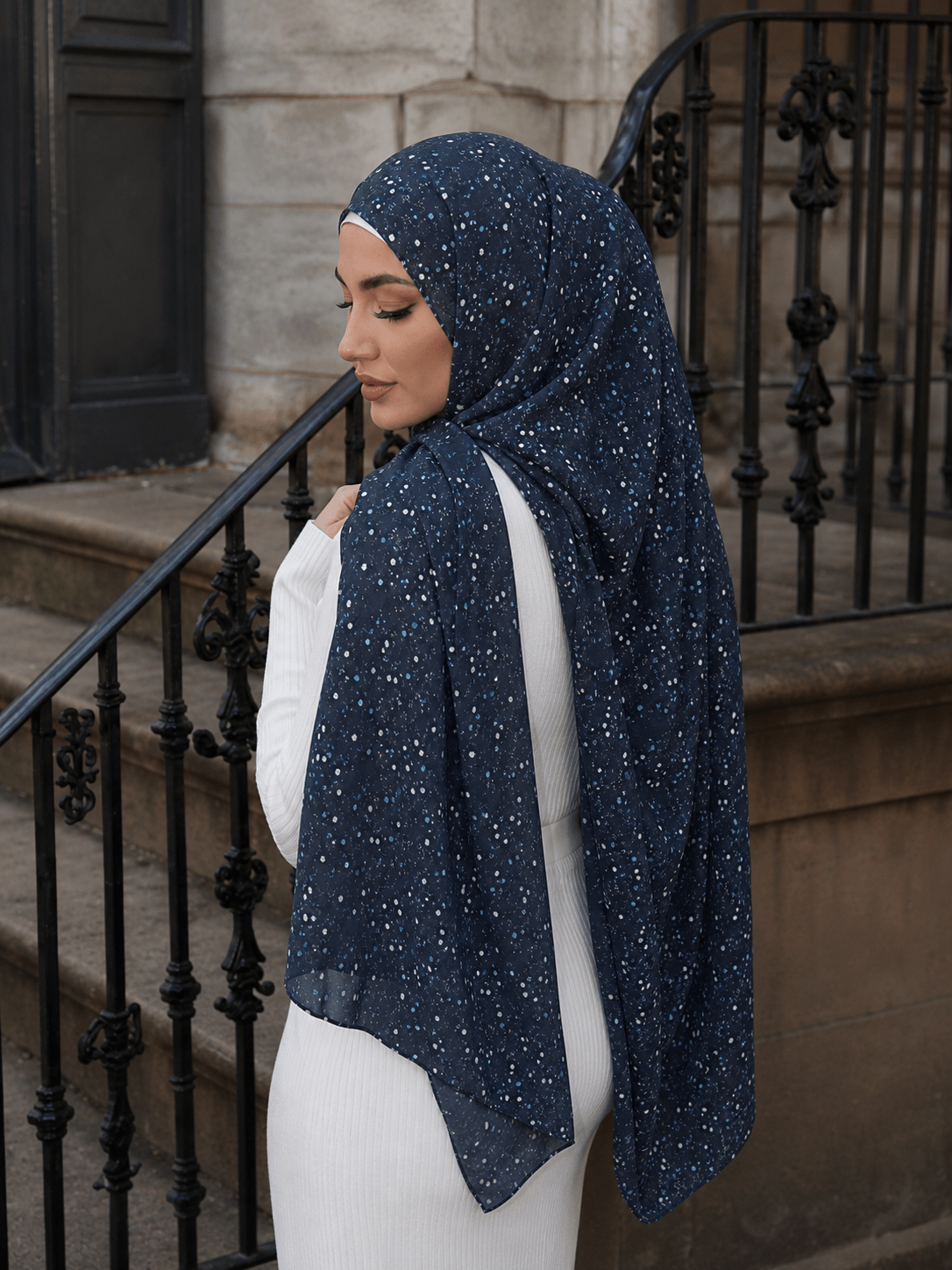 Deep Navy Speckle Mercerized Cotton Hijab | Lunar Elegance