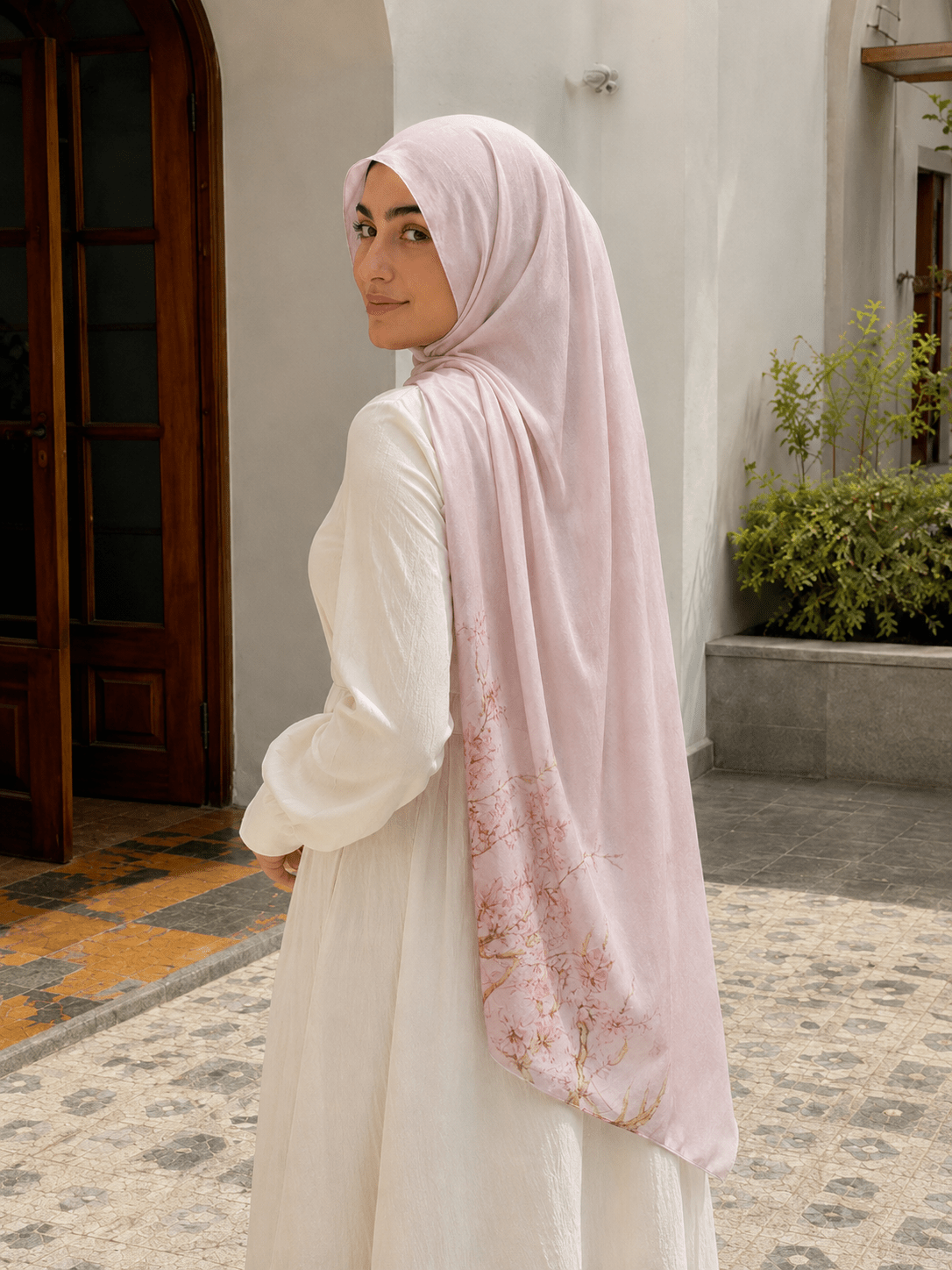 Blush Pink Floral Mercerized Cotton Hijab | Lunar Elegance