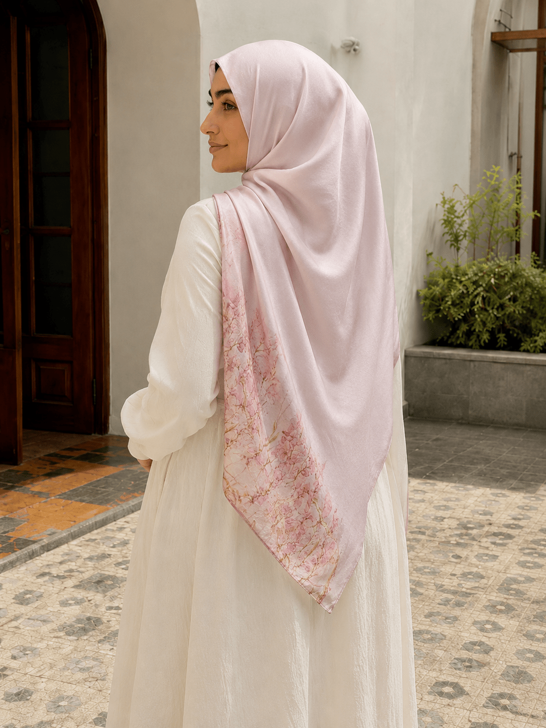 Blush Pink Floral Mercerized Cotton Hijab | Lunar Elegance