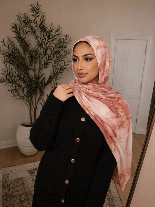 Peach Coral Marble Mercerized Cotton Hijab | Lunar Elegance