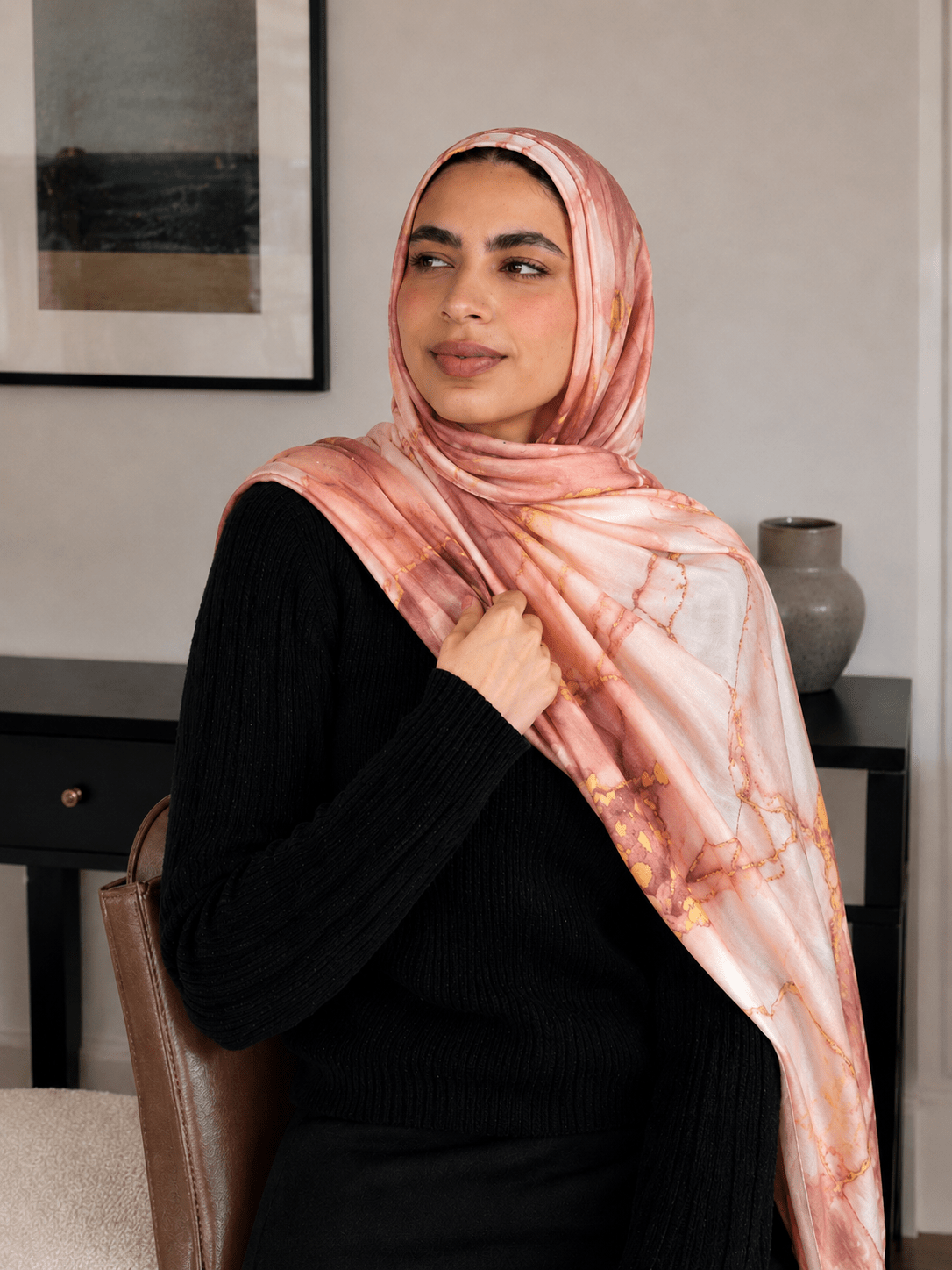 Peach Coral Marble Mercerized Cotton Hijab | Lunar Elegance
