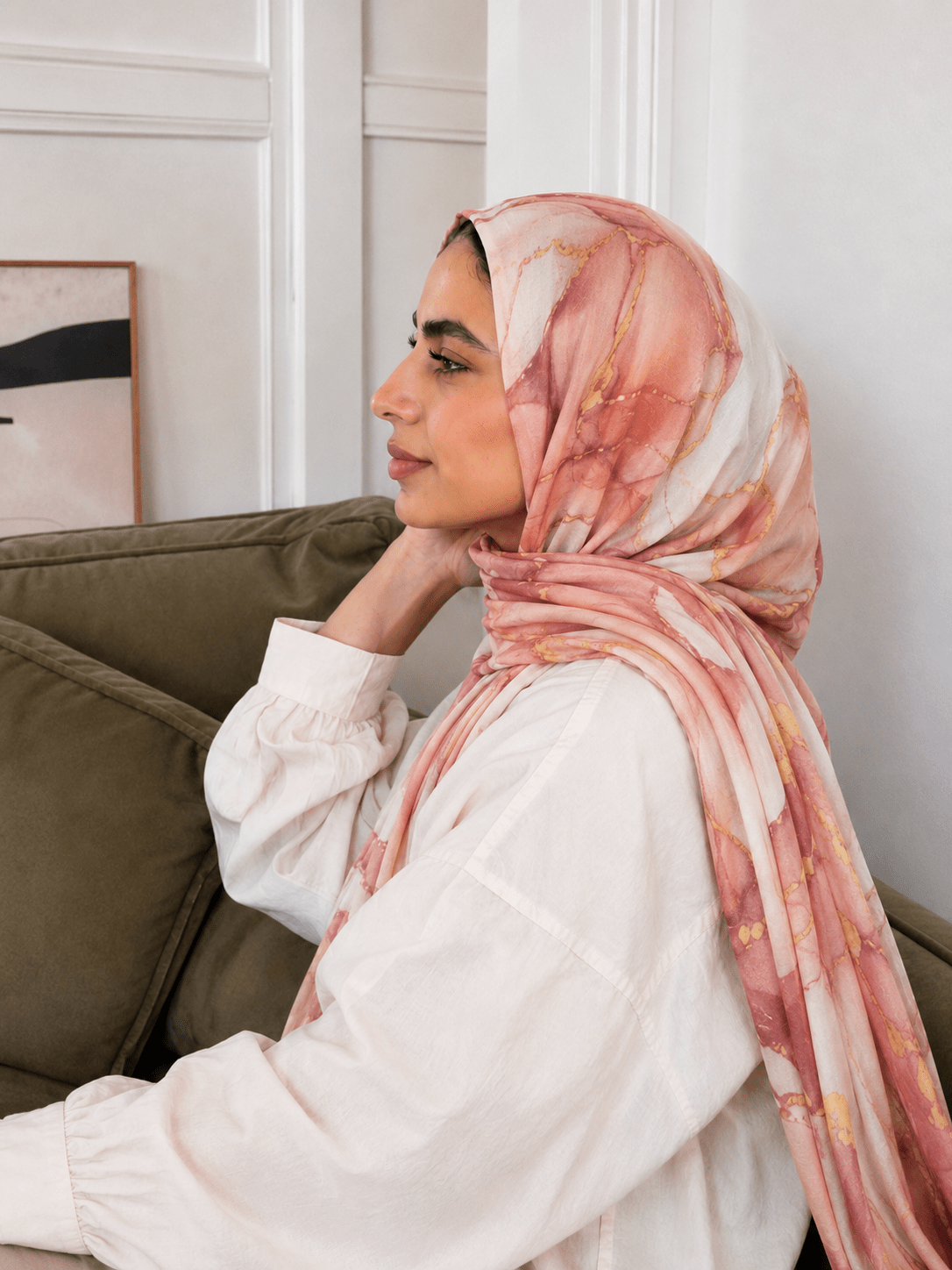 Peach Coral Marble Mercerized Cotton Hijab | Lunar Elegance