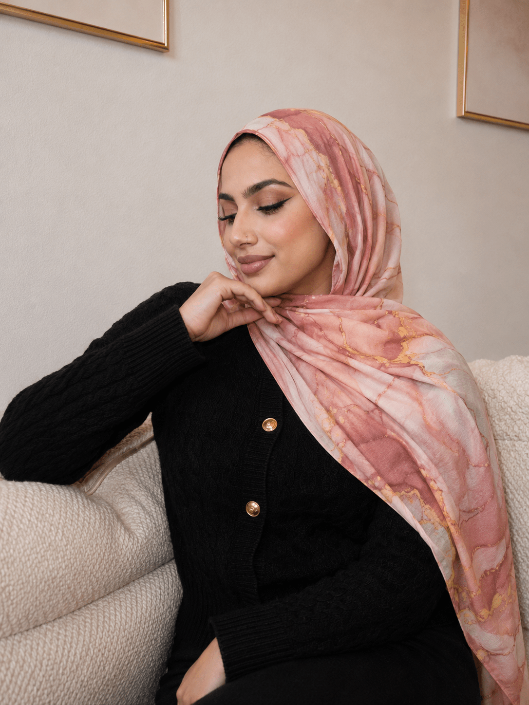 Peach Coral Marble Mercerized Cotton Hijab | Lunar Elegance