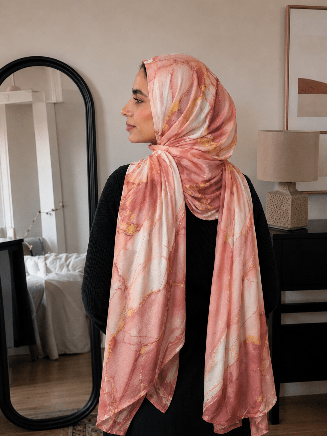Peach Coral Marble Mercerized Cotton Hijab | Lunar Elegance