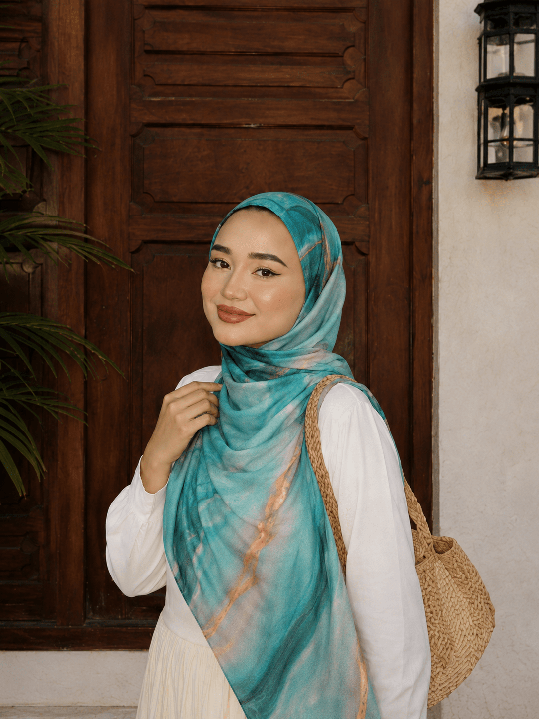 Aqua Copper Marble Mercerized Cotton Hijab | Lunar Elegance