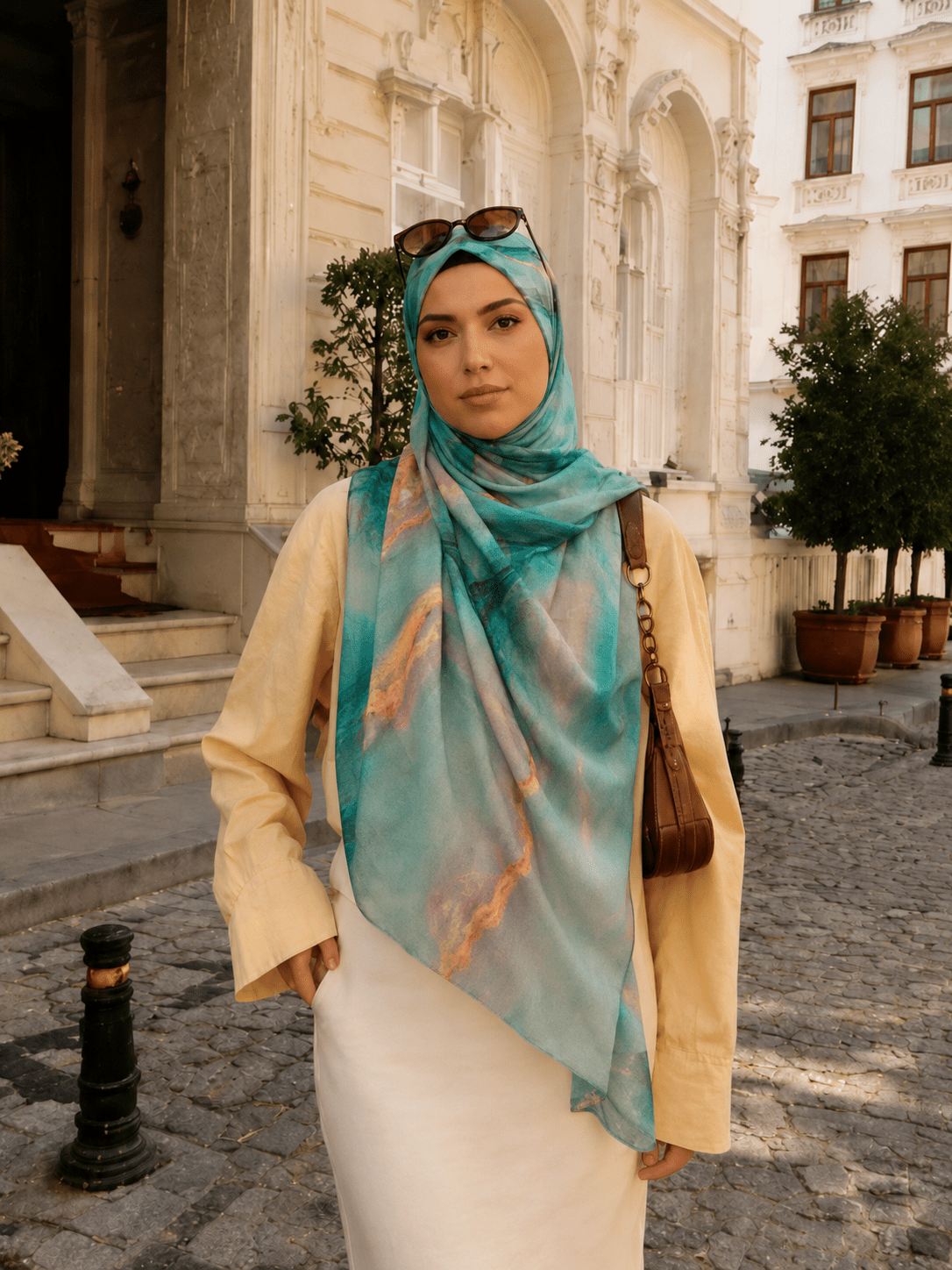 Aqua Copper Marble Mercerized Cotton Hijab | Lunar Elegance