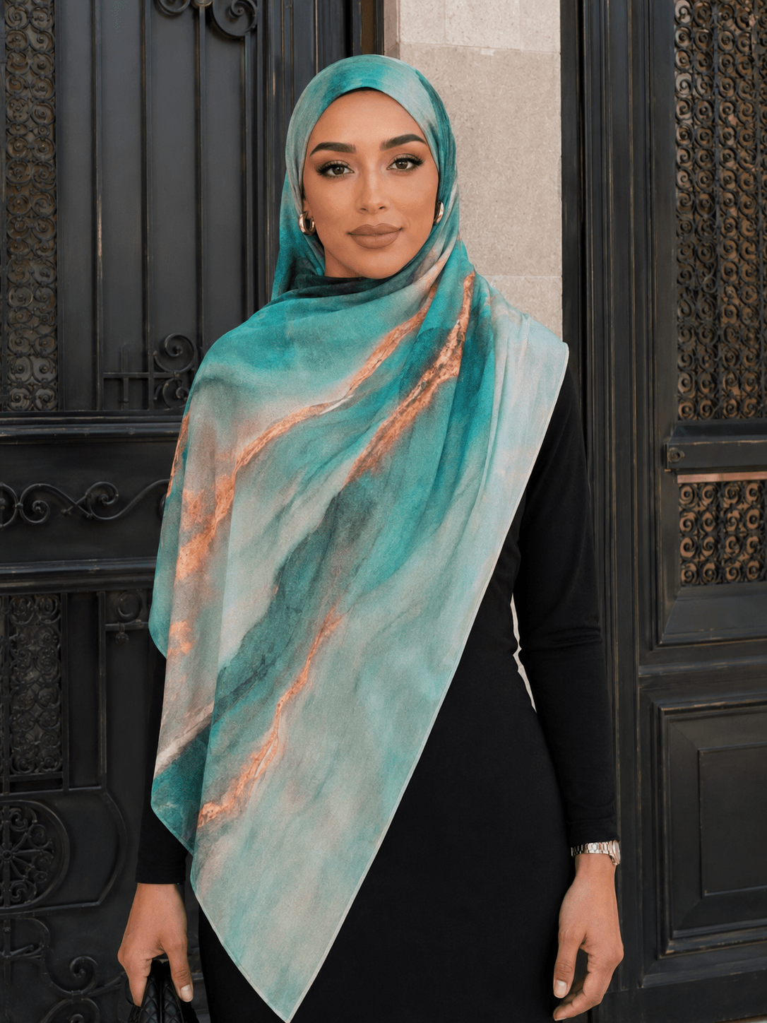 Aqua Copper Marble Mercerized Cotton Hijab | Lunar Elegance