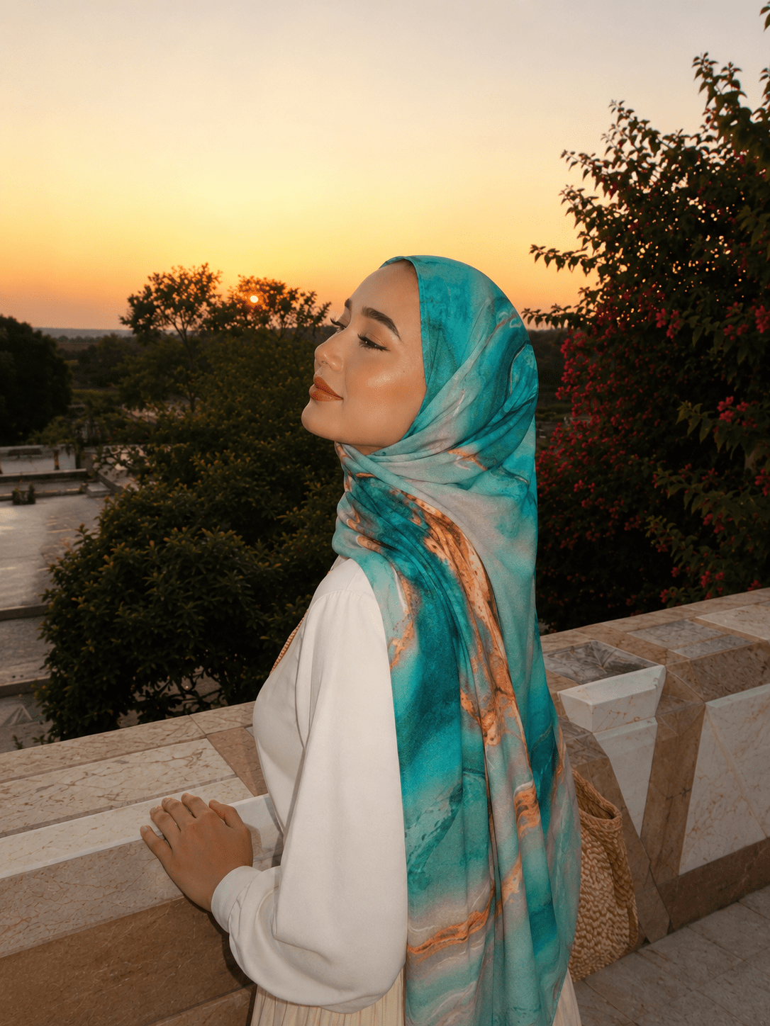 Aqua Copper Marble Mercerized Cotton Hijab | Lunar Elegance